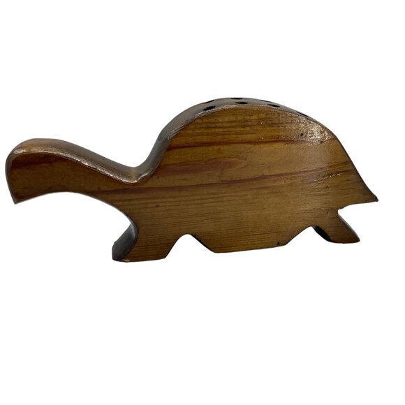 Vtg Handmade Wood Turtle Pencil Paint Brush Holder Made in Haiti 10" x 4" Brown - Picture 2 of 6